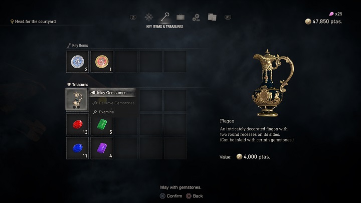 Menu, w którym połączycie kosztowności znajdziecie po uruchomieniu ekwipunku lub mapy, a następnie przejściu do zakładki z przedmiotami kluczowymi i skarbami - Resident Evil 4 Remake: Łączenie skarbów - Resident Evil 4 Remake - poradnik do gry