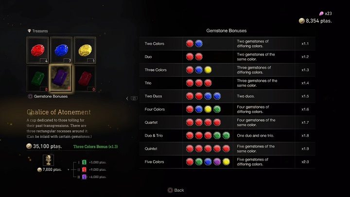 W trakcie ozdabiania artefaktów ważne są poszczególne kombinacje kolorów kamieni szlachetnych o odpowiednich kształtach - możecie stosować je dowolnie, ale najlepsze kombinacje znacząco zwiększają wartość sprzedaży - Resident Evil 4 Remake: Łączenie skarbów - Resident Evil 4 Remake - poradnik do gry