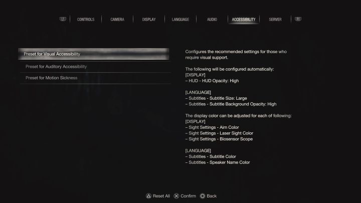 RE4 Remake proponuje 3 rodzaje ustawień dla ułatwień dostępu i są one w menu Accessibility - Resident Evil 4 Remake: Ułatwienia dostępu - Resident Evil 4 Remake - poradnik do gry