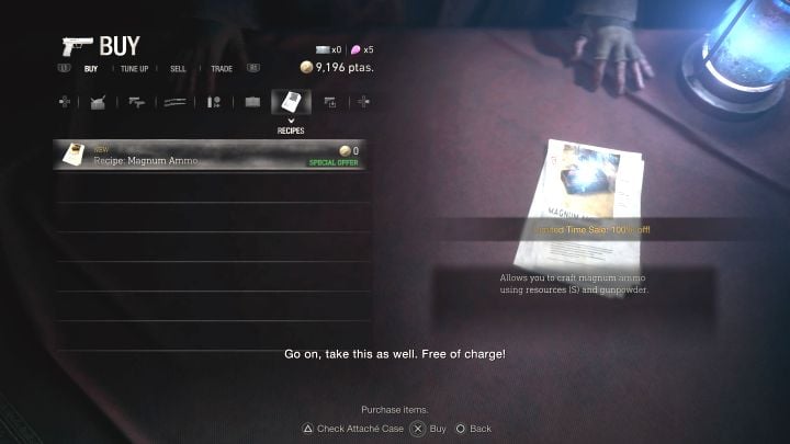 Zakup magnum Broken Butterfly w rozdziale 7 pozwala też odebrać za darmo przepis na wytwarzanie amunicji - Recipe: Magnum Ammo - Resident Evil 4 Remake: Jak zdobyć rewolwer magnum? - Resident Evil 4 Remake - poradnik do gry