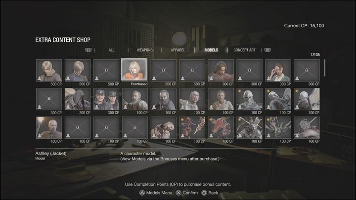 Jeśli nie lubicie zbierać concept artów lub modeli, które nie mają przełożenia na realną rozgrywkę, to w pierwszej kolejności warto skupić się na zakupie bonusowych broni lub specjalnych kostiumów w zakładce Apparel - Resident Evil 4 Remake: Content Shop - Resident Evil 4 Remake - poradnik do gry