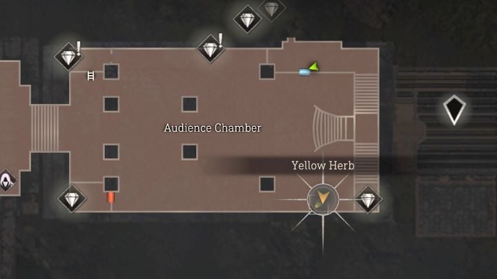 Żółtą roślinę ukryto w szafce w południowo-wschodnim narożniku Audience Chamber - to jedna z większych sal zamku z jego zachodniej części - Resident Evil 4 Remake: Sekrety Yellow Herb - Castle - Resident Evil 4 Remake - poradnik do gry