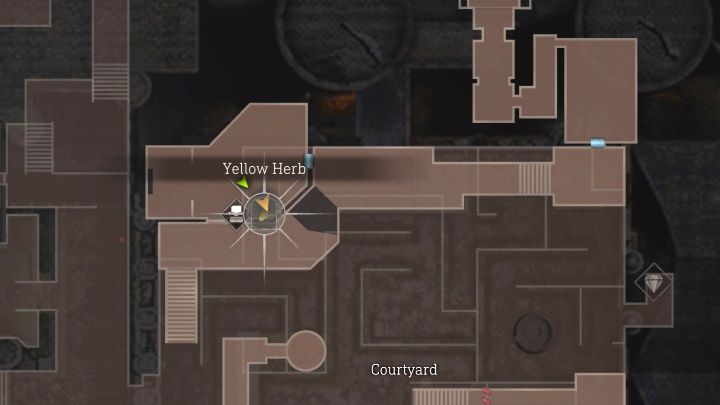 Yellow Herb jest w pomieszczeniu w północnej części Courtyard (wyższy poziom dziedzińca), obok maszyny do pisania - Resident Evil 4 Remake: Sekrety Yellow Herb - Castle - Resident Evil 4 Remake - poradnik do gry