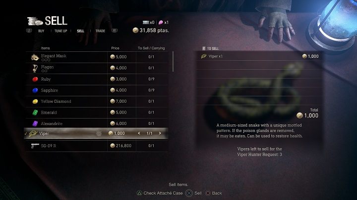 Jak już będziecie mieć wszystkie trzy żmije, udajcie się do najbliższego Handlarza i sprzedajcie je mu - Resident Evil 4 Remake: Viper Hunter - Resident Evil 4 Remake - poradnik do gry