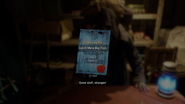 Po wykonaniu zlecenia #7 o nazwie Catch Me a Big Fish otrzymacie w nagrodę cztery spinele (x4 Spinel) - Resident Evil 4 Remake: Catch Me a Big Fish - Resident Evil 4 Remake - poradnik do gry