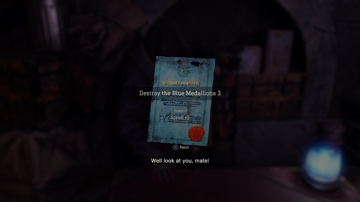 Za wykonanie zlecenia Destroy the Blue Medallions 3 otrzymacie pięć spineli (x5 Spinel) - Resident Evil 4 Remake: Destroy the Blue Medallions 3 - Resident Evil 4 Remake - poradnik do gry