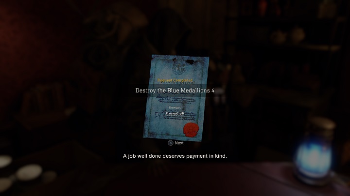 Za wykonanie zlecenia Destroy the Blue Medallions 4 otrzymacie pięć spineli (x5 Spinel) - Resident Evil 4 Remake: Destroy the Blue Medallions 4 - Resident Evil 4 Remake - poradnik do gry