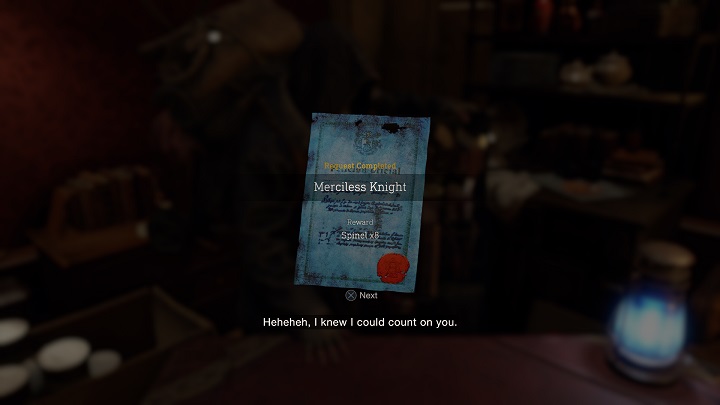 Za wykonanie zlecenia o nazwie Mercilles Knight otrzymacie aż osiem spineli (x8 Spinel) - Resident Evil 4 Remake: Merciless Knight - Resident Evil 4 Remake - poradnik do gry