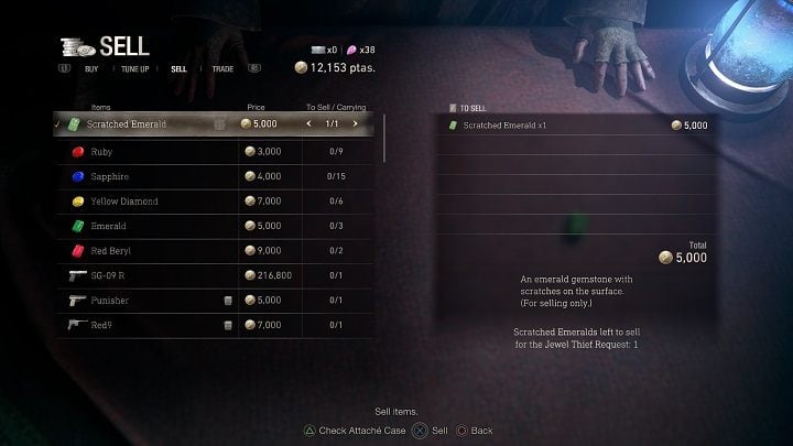 Po wszystkim wystarczy sprzedać Handlarzowi poszukiwany przez niego Scratched Emerald - Resident Evil 4 Remake: Jewel Thief - Resident Evil 4 Remake - poradnik do gry