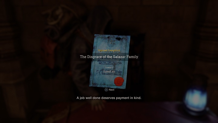 Po wykonaniu zlecenia o nazwie The Disgrace of the Salazar Family otrzymacie cztery spinele (x4 Spinel) - Resident Evil 4 Remake: The Disgrace of the Salazar Family - Resident Evil 4 Remake - poradnik do gry