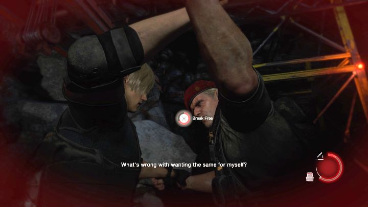 Podczas pojedynku mogą załączać się sceny siłowania z Krauserem - wciskajcie wtedy szybko przycisk akcji, by się oswobodzić i stracić jak najmniej punktów zdrowia - Resident Evil 4 Remake: Jak pokonać bossa Jack Krauser? - Resident Evil 4 Remake - poradnik do gry