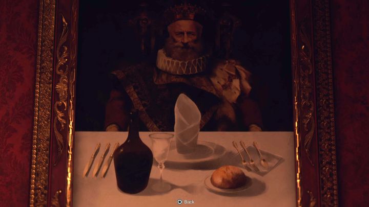 Powyższy screen pokazuje prawy obraz - to podpowiedź gdzie ma usiąść Leon (mężczyzna) - Resident Evil 4 Remake: Zagadka z krzesłami z jadalni (Dining Hall) - Resident Evil 4 Remake - poradnik do gry