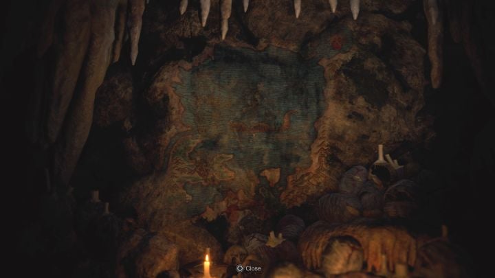 W kolejnej części jaskini Leon znajdzie mural z mapą jeziora - dowiecie się, że musicie odwiedzić lokacje Large Cave Shrine (południowo-zachodnia część jeziora) i Small Cave Shrine (północno-wschodnia część jeziora) - Resident Evil 4 Remake: Zagadka zdobycia klucza Church Key (rozdział 4) - Resident Evil 4 Remake - poradnik do gry