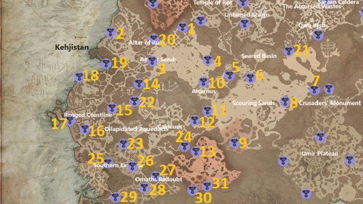Na powyższej mapie zaznaczyliśmy wszystkie 31 dostępnych Ołtarzy Lilit, jakie możecie odkryć w lokacji Kehjistan - Diablo 4: Ołtarze Lilit (Altars of Lilith) - Kehjistan - Diablo 4 - poradnik do gry