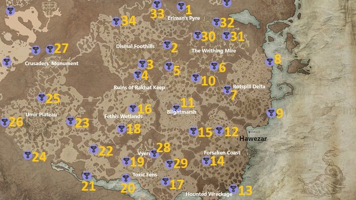 Na powyższej mapie zaznaczyliśmy wszystkie 34 dostępne Ołtarze Lilit, jakie możecie odkryć w lokacji Hawezar - Diablo 4: Ołtarze Lilit (Altars of Lilith) - Hawezar - Diablo 4 - poradnik do gry