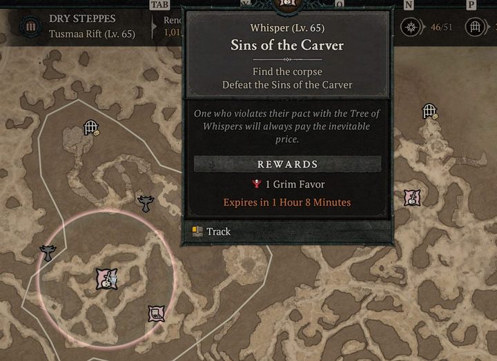 Zlecenia od Drzewa Szeptów znajdziecie na mapie - są to różowe ikonki. - Diablo 4: Czym są Szepty umarłych, Drzewo Szeptów i Upiorne Przysługi? - Diablo 4 - poradnik do gry