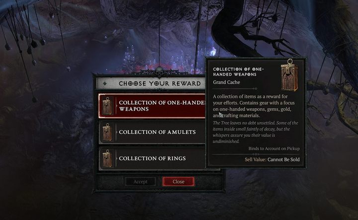 Co jakiś czas, losowo, u Drzewa Szeptów znajdziecie pomarańczowe skrzynki do wyboru. Warto je wybierać, ponieważ w przeciwieństwie do białych nagród, posiadają gwarantowany przedmiot legendarny w nagrodę. - Diablo 4: Czym są Szepty umarłych, Drzewo Szeptów i Upiorne Przysługi? - Diablo 4 - poradnik do gry