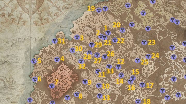 Na powyższej mapie zaznaczyliśmy wszystkie 33 dostępne Ołtarze Lilit, jakie możecie odkryć w Dry Steppes - Diablo 4: Ołtarze Lilit (Altars of Lilith) - Dry Steppes - Diablo 4 - poradnik do gry