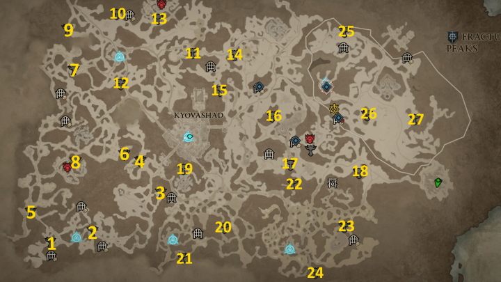 Na powyższej mapie zaznaczyliśmy wszystkie 28 dostępnych Ołtarzy Lilit, jakie możecie odkryć w Strzaskanych Szczytach - Diablo 4: Ołtarze Lilit (Altars of Lilith) - Strzaskane Szczyty - Diablo 4 - poradnik do gry