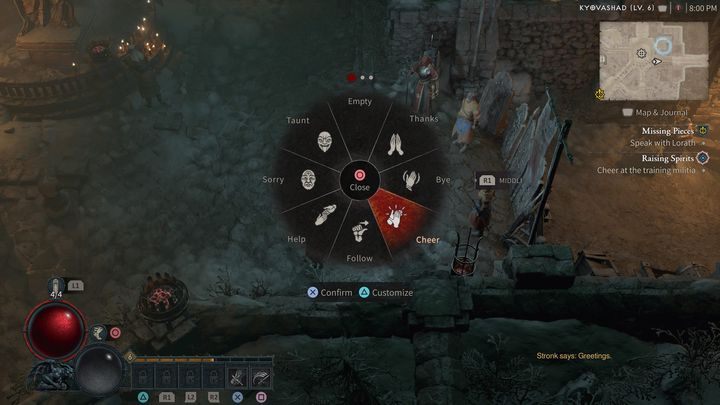 Żeby kontynuować zadanie musicie wywołać okienko emotek (Emotes) (E na klawiaturze lub góra na D-padzie), których zazwyczaj używa się do komunikacji z innymi graczami (więcej na ten temat znajdziecie na stronie Jak używać emotek - Diablo 4: Jak użyć emotki w queście Wzmocnienie morale? - Diablo 4 - poradnik do gry