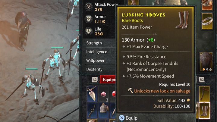 Wasza postać może wykonywać więcej odskoków dzięki przedmiotom, które zwiększają liczbę ładunków odskoków (Max Evade Charge) - przykład butów z taką statystyką pokazuje obrazek - Diablo 4: Jak zwiększyć liczbę odskoków (Evade)? - Diablo 4 - poradnik do gry