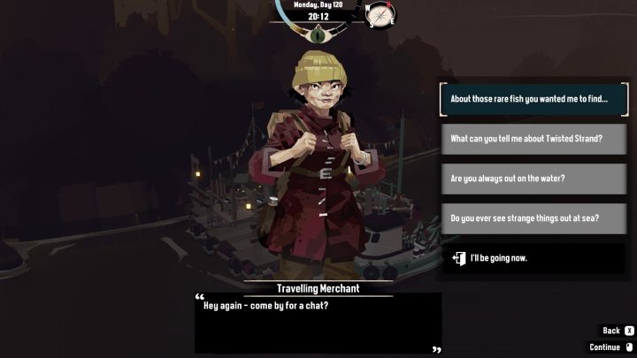 Aby rozpocząć zadanie, musicie porozmawiać z Traveling Marchant, który podzieli się z Wami wieścią o rzadko spotykaniach gatunkach ryb - Dredge: Recording Rarities - Dredge - poradnik do gry