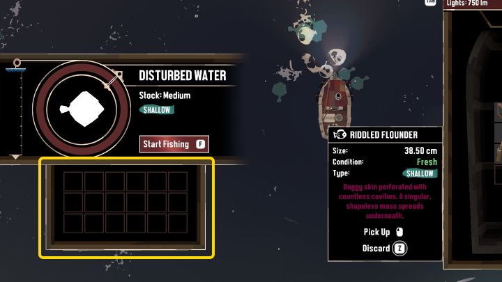 Możecie także skorzystać ze specjalnego miejsca na złowione okazy, by umieścić je tymczasowo, a dopiero później zdecydować, które sztuki chcecie zabrać ze sobą - Dredge: Jak łowić ryby? - Dredge - poradnik do gry