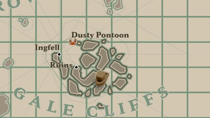 Pierwsze przykładowe łowisko jest w południowo-wschodniej części Gale Cliffs, niedaleko wodospadu - Dredge: Gdzie złowić rybę Conger Eel? - Dredge - poradnik do gry