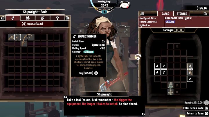 Cena: 75 dolarów - odwiedźcie stoczniowca Shipwright w Greater Marrow - Dredge: Wszystkie wędki (Rods) - Dredge - poradnik do gry