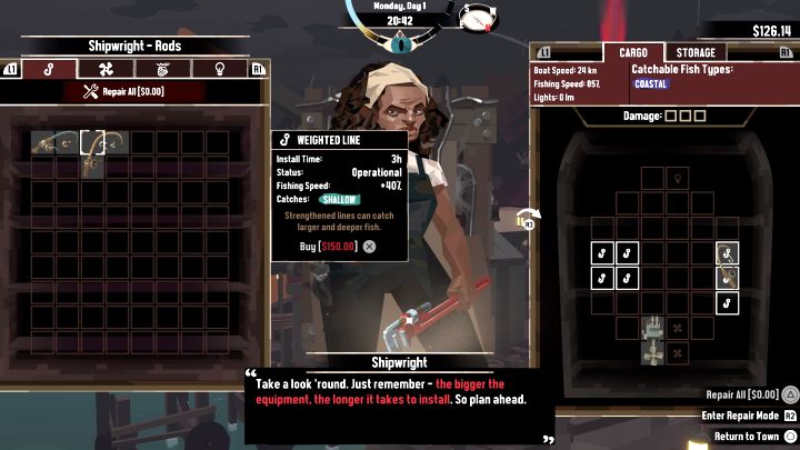 Cena: 150 dolarów - odwiedźcie stoczniowca Shipwright w Greater Marrow - Dredge: Wszystkie wędki (Rods) - Dredge - poradnik do gry