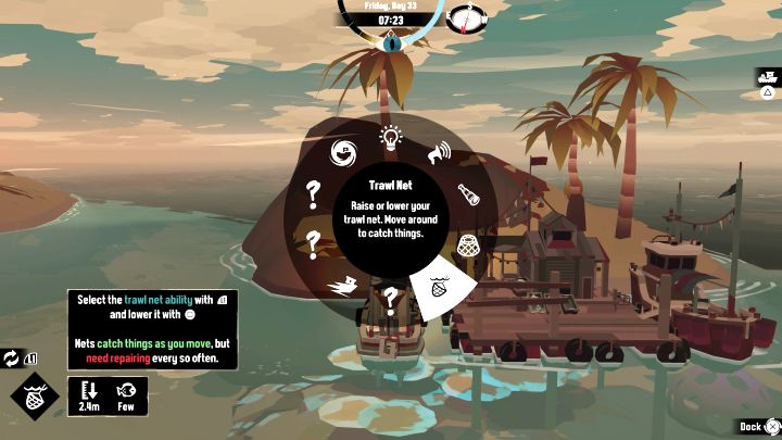 Zakupioną i zainstalowaną sieć Trawl Net możecie wybierać z rozwijanego menu (powyższy obrazek) - Dredge: Jak złowić meduzę Aurora Jellyfish? - Dredge - poradnik do gry