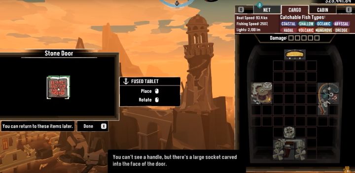 Podejdźcie do drzwi, a gra poinformuje o możliwości umieszczenia w nich przedmiotu - Dredge: Stone Tablets - Dredge - poradnik do gry