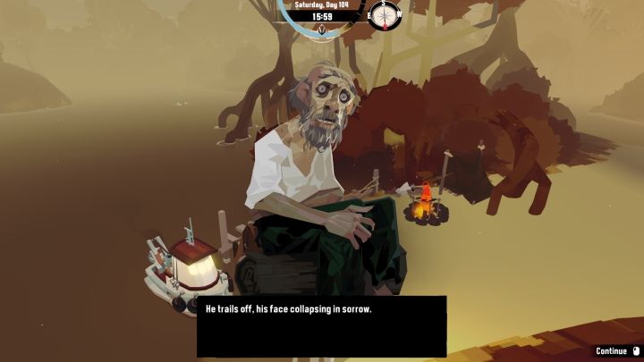 W obozie znajdziecie postać Old Mayor, która rzuci nieco światła na wydarzenia sprzed lat - Dredge: Wszystkie zakończenia - Dredge - poradnik do gry