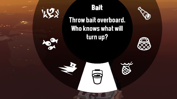 Wypłyńcie w miejsce, gdzie chcecie zacząć połów, wybierzcie z kołowego menu Bait i rozrzućcie przynętę - Dredge: Jak łowić Aberrations? - Dredge - poradnik do gry