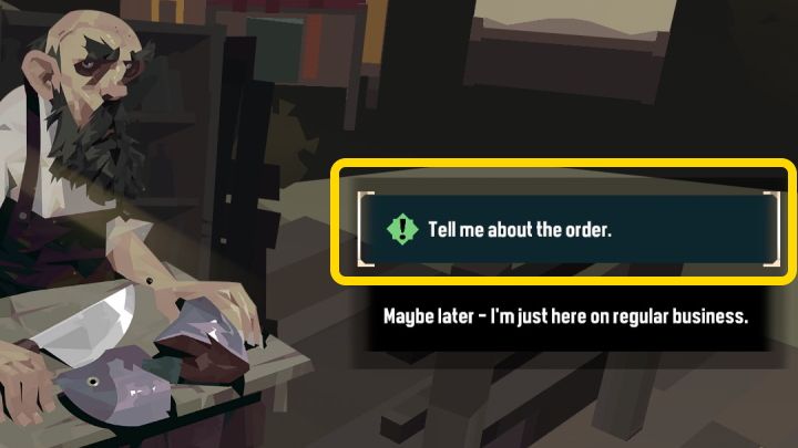 Podczas rozmowy, wybierzcie pierwszą opcję dialogową oznaczoną ikoną wykrzyknika - Dredge: Caught to Order - Dredge - poradnik do gry