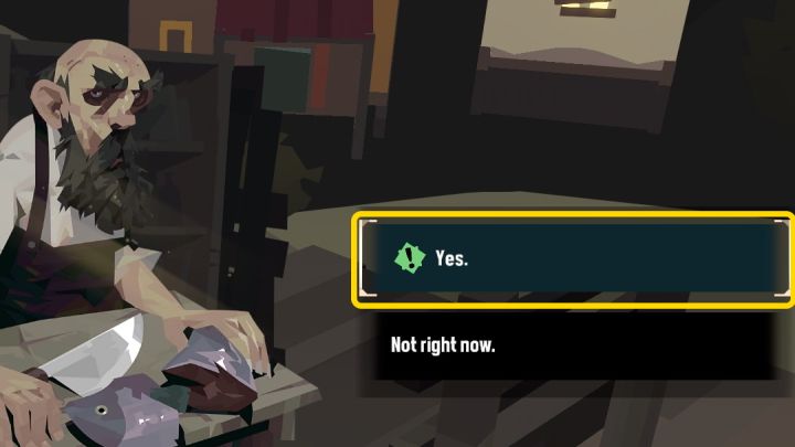 Gdy już złowicie po 1 sztuce wskazanych ryb, wróćcie do Fishmonger w Greater Marrow i wybierzcie opcję dialogową oznaczoną ikoną wykrzyknika - Dredge: Caught to Order - Dredge - poradnik do gry