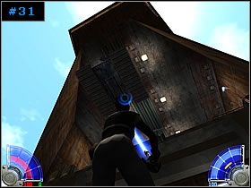 Przeskocz na nią (skacząc od strony zamkniętego wejścia), gdyż zaraz wróci na swoją pozycję - Droid Recovery - Tatooine | Zestaw #1 | Star Wars Jedi Knight Jedi Academy - Star Wars Jedi Knight: Jedi Academy - poradnik do gry