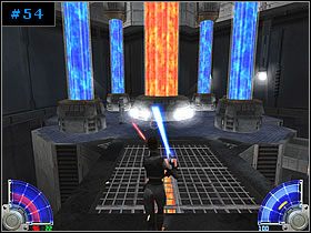 Wróć nad sale z fioletowymi generatorami, przeskocz z powrotem na półkę z której zaczynałeś i przejdź do windy [#55] , na lewo od wejścia - Emergency Assistance - Bakura cd. | Zestaw #1 | Jedi Knight Jedi Academy - Star Wars Jedi Knight: Jedi Academy - poradnik do gry