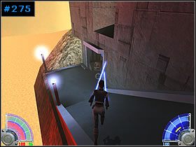 Po przełączeniu pierwszego pojawi się most, na którego końcu czeka robot - załatw go i zajmij się drugim przyciskiem - Wrogie instalacje - Taspir 3 | Kontynuacja | Star Wars Jedi Knight Jedi Academy - Star Wars Jedi Knight: Jedi Academy - poradnik do gry