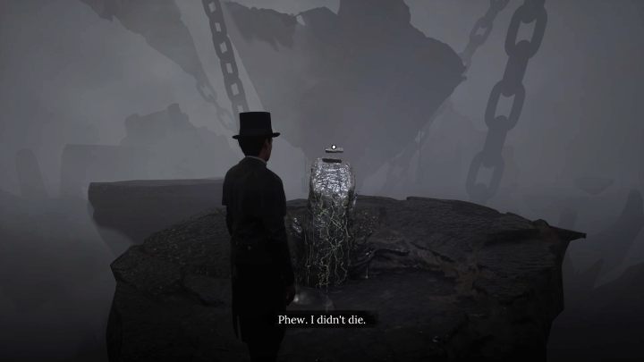 Podnieście kamień i z powrotem wskoczcie w otchłań, aby wrócić do poprzedniego miejsca - Sherlock Holmes The Awakened: Wizje Sherlocka Holmesa, podziemia magazynu - Sherlock Holmes The Awakened - solucja