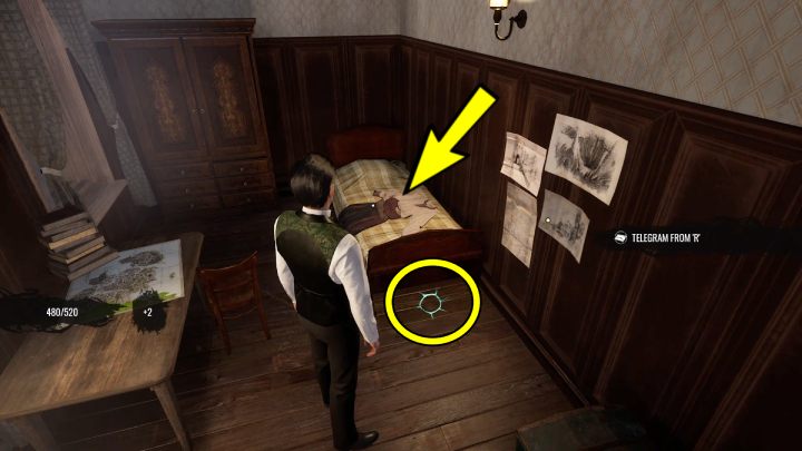 Zbadajcie ubrania na łóżku i zadrapania na podłodze w trybie koncentracji (concentration) - Sherlock Holmes The Awakened: Posiadłość Arnesona (Arnesons Mansion) - Sherlock Holmes The Awakened - solucja
