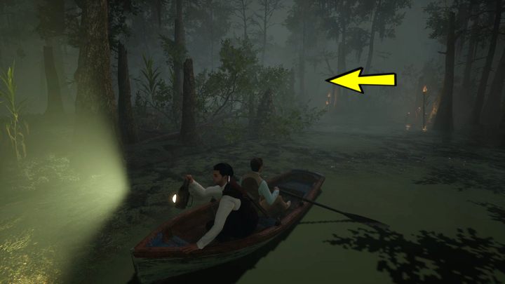 Gdy dopłyniecie do aligatorów, odwróćcie łódź do tyłu i podpłyńcie do pochodni - Sherlock Holmes The Awakened: Mokradła (The Swamp) - Sherlock Holmes The Awakened - solucja