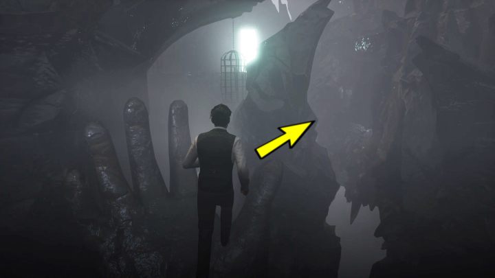 Stańcie na najbardziej wysuniętym punkcie i idźcie w stronę kamiennej dłoni po niewidzialnych platformach - Sherlock Holmes The Awakened: Jaskinia - Sherlock Holmes The Awakened - solucja