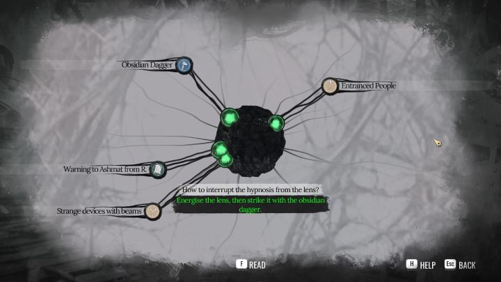 Otwórzcie Pałac Pamięci (Mind Palace) i przy pytaniu Jak przerwać hipnozę którą powodują soczewki (How to interrupt the hypnosis from the lens) - Sherlock Holmes The Awakened: Półwysep Ardnamurchan (Ardnamurchan Point) - Sherlock Holmes The Awakened - solucja