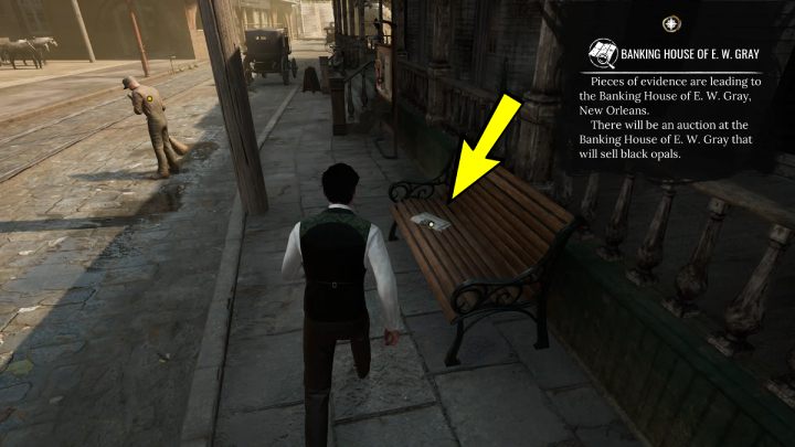 Na ławce obok tablicy ogłoszeń znajdziecie gazetę - Sherlock Holmes The Awakened: Nowy Orlean (New Orleans) - Sherlock Holmes The Awakened - solucja