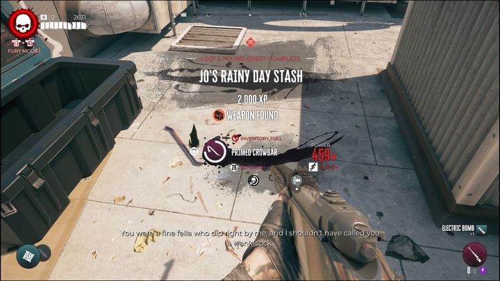 Po zakończeniu zadania otrzymacie 2 tysiące punktów doświadczenia oraz nowy przedmiot miotany - Bombę elektryczną - Dead Island 2: Skrytka na czarną godzinę Jo(Jos Rainy Day Stash) - Dead Island 2 - poradnik do gry