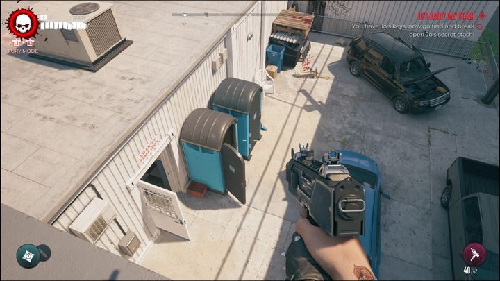 Aby się tam dostać, musicie wskoczyć na przenośną toaletę lub drewnianą kładkę, a następnie złapać się krawędzi dachu i się na niego wspiąć - Dead Island 2: Skrytka na czarną godzinę Jo(Jos Rainy Day Stash) - Dead Island 2 - poradnik do gry