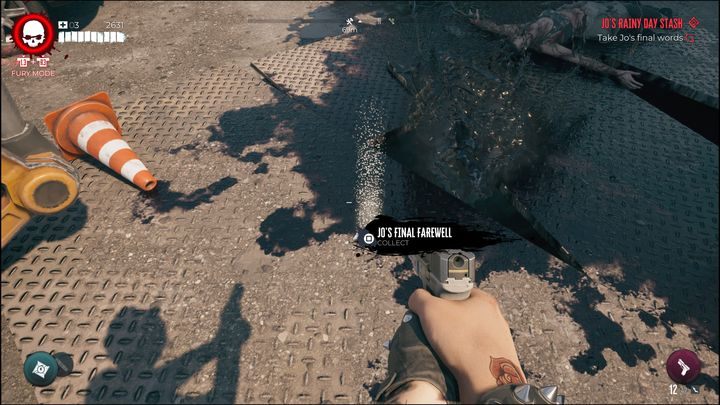 Jednym z nich będzie zombie, z którego wypadnie ostatnia notatka - Ostatnie pożegnanie Jo - mówiąca o tym, gdzie Jo ukrył swój skarb - Dead Island 2: Skrytka na czarną godzinę Jo(Jos Rainy Day Stash) - Dead Island 2 - poradnik do gry