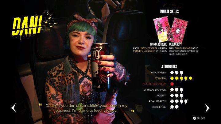 Postać ta dzięki dużej ilości energii może dłużej wyprowadzać ataki i ma dużo zdrowia, ale trzeba zadbać o lepszą regenerację paska zdrowia - Dead Island 2: Lista postaci - Dead Island 2 - poradnik do gry