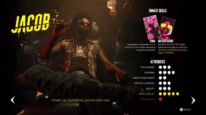 Grając tą postacią nie musicie ciągle martwić się o wyczerpanie całych zapasów zdrowia i energii, ale trzeba usprawnić dzięki kartom umiejętności leczenie ran - Dead Island 2: Lista postaci - Dead Island 2 - poradnik do gry